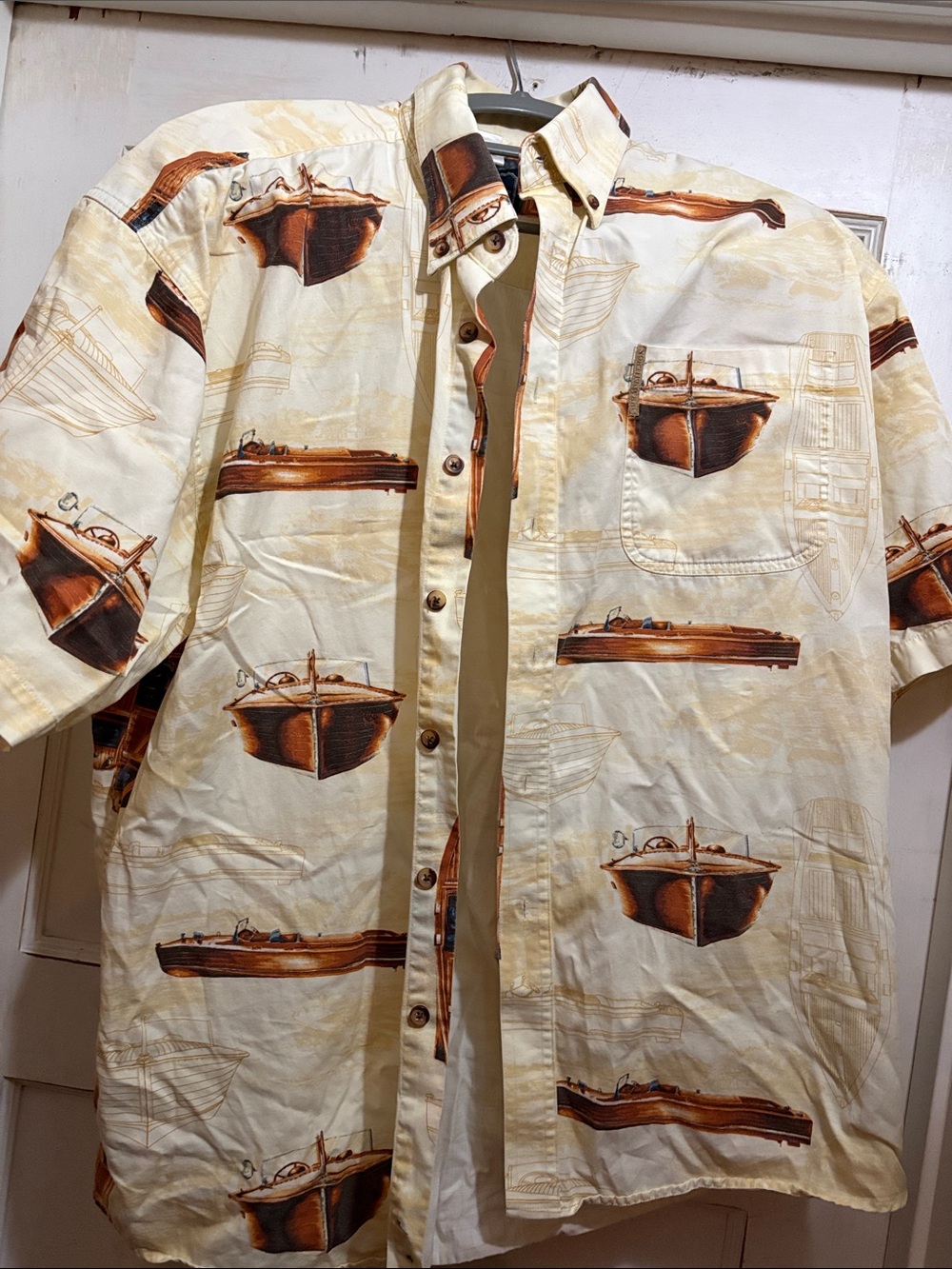 Men's Casual Button-Down Shirt in Cream with Brown Boat Print